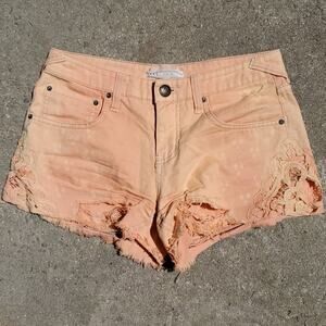 Free People crochet trim destructed jean shorts orange